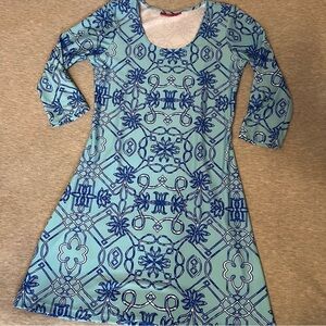 Kaeli Smith Blue Geometric Shift Dress 3/4 Sleeve Preppy S